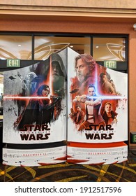 Honolulu - January 9, 2018:  Star Wars The Last Jedi Movie Poster Ad Featuring The Kylo Ren. Rey, And Luke Skywalker Inside Regal Theater Dole Cannery.