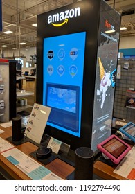 Honolulu - May 29, 2018: Amazon Display Featuring Echo Dot (2nd Generation) - Smart Speaker With Alexa - Black And Fire Tablets. Similarly To Other Devices In The Family Virtual Assistant.