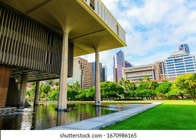 Honolulu, Oahu, Hawaii - November 04, 2019: Hawaii State Capitol in Honolulu. It is the official statehouse or capitol building of the U.S. state of Hawaii