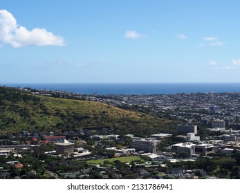 Honolulu - October 14, 2015: Aerial view of Landmark Mid Pacific institute, University of Hawaii, Kahala, Pacific Ocean, and surround neighborhood in Manoa in Honolulu, Hawaii.