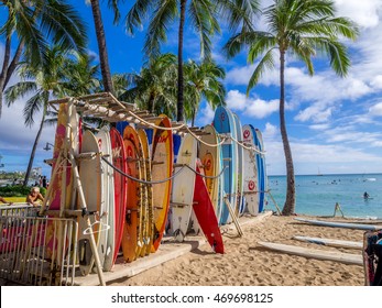 HONOLULU, USA - AUG 2: Surf rental shop on Waikiki beach on August 2, 2016 in Honolulu, Usa. Waikiki beach is neighborhood of Honolulu, best known for white sand and surfing.
