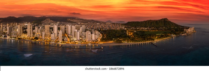 Honolulu With A Vibrant Red Sunset