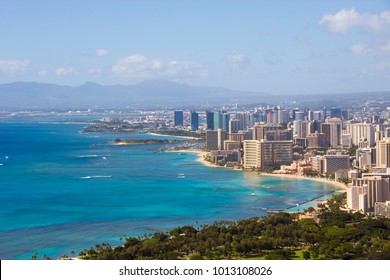 Honolulu And Waikiki Beach On Oahu Hawaii. View From The Famous Diamond Head Hike From Diamond Head State Monument And Park, Oahu, Hawaii, USA.