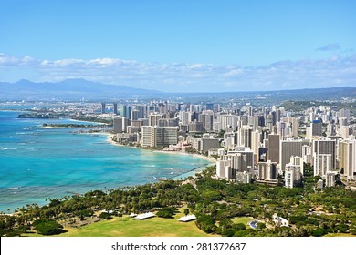 Honolulu And Waikiki Beach On Oahu Hawaii. View From The Famous Diamond Head Hike From Diamond Head State Monument And Park, Oahu, Hawaii, USA.