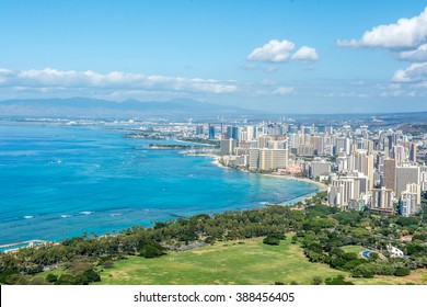 Honolulu And Waikiki Beach On Oahu Hawaii. View From The Famous Diamond Head Hike From Diamond Head State Monument And Park, Oahu, Hawaii, USA.