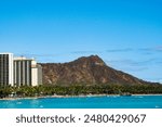 Honolulu, Waikiki, Oahu, Hawaii. Landscape on Waikiki beach with a view of the Diamond Head. June 17, 2023

