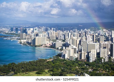 Honolulu And Waikiki With Rainbow