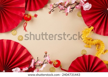 Honoring the essence of a traditional Chinese New Year. Top view shot of gold dragon, red paper fans, traditional coins, decorative items, sakura bloom on beige background with promo placement