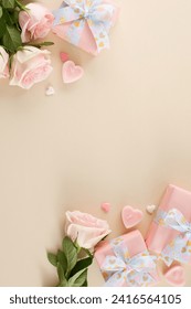 Honoring her strength: gifts that illuminate International Women's Day. Top view vertical shot of present boxes, heart-shaped candles, fresh roses, hearts on beige background with promo space