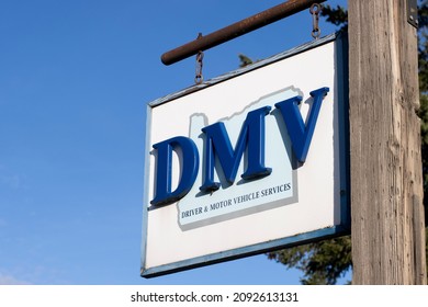 Hood River, OR, USA - Dec 1, 2021: Closeup Of The DMV Sign Outside The Motor Vehicle Department Office In Hood River, Oregon.