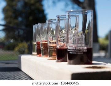 Hood River, Oregon / USA - April 28th 2019.  A Wine Flight At The Gorge White House In The Columbia Gorge.  