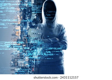 A hooded anonymous figure stands before a city backdrop interwoven with digital binary code, signifying cybersecurity and anonymity - Powered by Shutterstock - Get 15% off with code: PIKWIZARD15