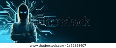 Hooded anonymous hacker on tech circuit background with glowing lines and dark space, concept of cybercrime, attack, or online security alert