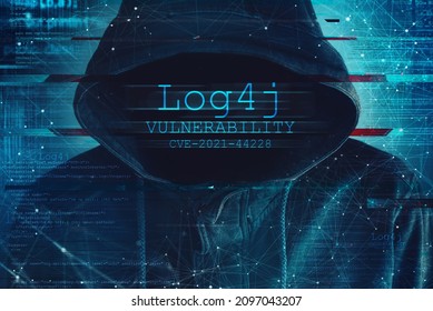 Hooded computer hacker in cybersecurity vulnerability Log4J concept with digital glitch effect