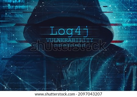 Hooded computer hacker in cybersecurity vulnerability Log4J concept with digital glitch effect