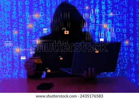Hooded computer hacker in cybersecurity vulnerability Log4J on server room background. Metaverse digital world technology. Cybersecurity vulnerability Log4J and hacker, coding, malware concept. 