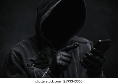 Hooded computer hacker using smartphone, selective focus