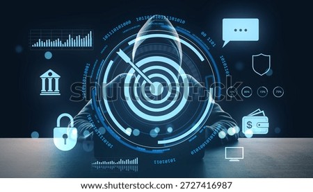 Hooded figure behind digital interface with hacking icons, futuristic graphic style, dark background. Concept of cybercrime and financial hacking