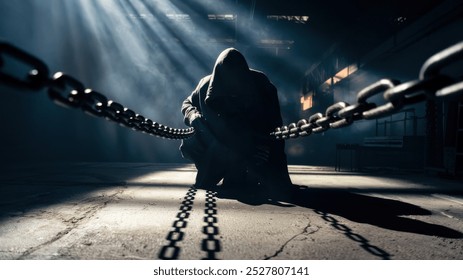 Hooded figure bound by chains in dramatic light. - Powered by Shutterstock