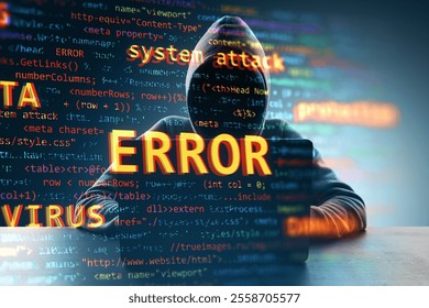 Hooded figure at desk with glowing code and warning text, digital overlay on dark background, concept of cybersecurity and hacking threats