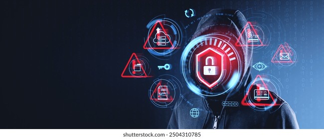 Hooded figure and digital lock icons on dark background, representing cybersecurity and data protection concepts - Powered by Shutterstock