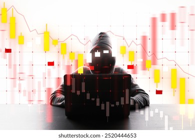 Hooded figure using a laptop, overlaid with stock market financial charts, on a white background. Concept of cyber security and financial data - Powered by Shutterstock