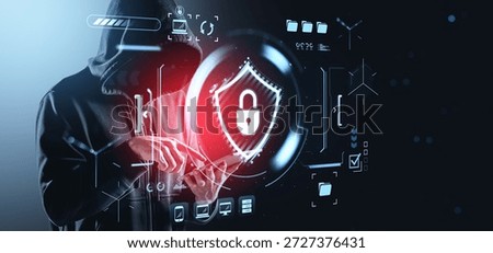 Hooded figure using tablet with digital padlock interface, futuristic graphic style on dark background. Concept of cybersecurity and data protection