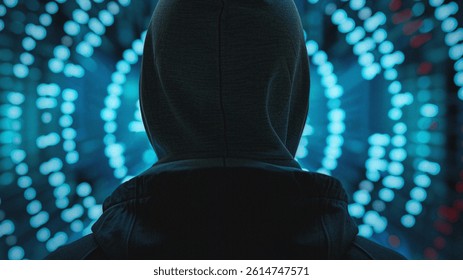 Hooded Hacker Facing Digital Interface – Cybersecurity and Data Network Concept