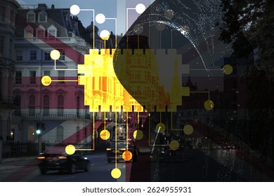 A hooded hacker figure overlaid with British architecture, Union Jack, and circuit board graphics, symbolising a cyberattack threat targeting the UK’s digital infrastructure