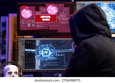 Hooded hacker getting critical error warning while doing computer sabotage with machine learning. Rogue programmer seeing failure alert while trying to penetrate firewalls with artificial intelligence