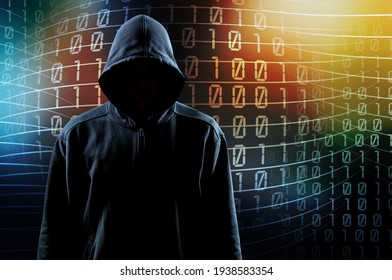 Hooded Hacker Man On Numbers Background, Hack Concept