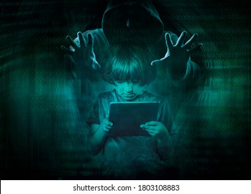 hooded hacker phishing attack on child, online safety concept