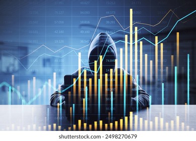 A hooded hacker sits behind a laptop, with financial data charts overlaid in the foreground. The background is a dimly lit room. Concept of cybercrime in finance and online trading - Powered by Shutterstock - Get 15% off with code: PIKWIZARD15