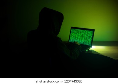 Hooded Hacker Using Laptop To Hacking Server and Organizing a Data Attack. Binary Code on the Screen. Hacking, Internet fraud, Online Scams, Cyber Criminals Concept. Green light