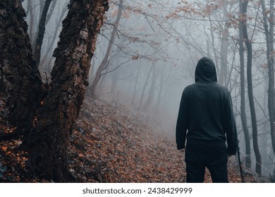 A hooded man back to camera. Standing in a spooky, eerie forest. On a creepy foggy winters day. - Powered by Shutterstock