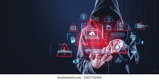 Hooded man hacker attack system, cyber crime and system damage. Warning alert sign hologram and glowing digital security and infographics. Concept of digital threat and data breach