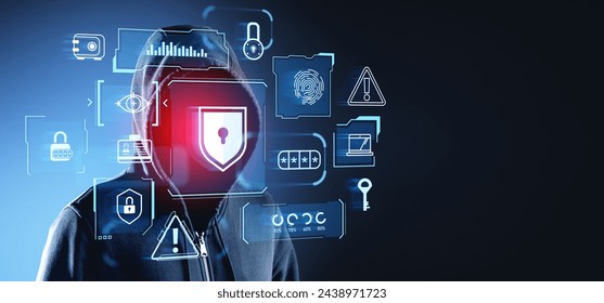 Hooded man hacker, double exposure glowing online cybersecurity icons, padlock shield and warning sign. Concept of business privacy, cyber attack, danger and leak