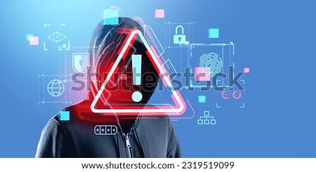 Hooded man hacker, double exposure glowing cybersecurity icons, red security alert symbol. Concept of business privacy, cyber attack, danger and leak