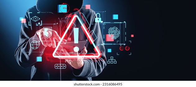 Hooded man hacker finger touch tablet in hand, double exposure red security alert sign and diverse glowing cybersecurity icons. Concept of cyber attack and data protection