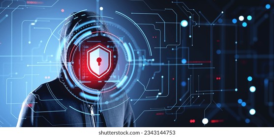 Hooded man hacker portrait with digital cybersecurity hud hologram with glowing shield and lock, circuit board with abstract lines. Concept of cyberattack, security and global protection