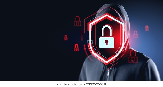 Hooded man hacker portrait with red glowing protective shield and padlock icon hud, double exposure. Concept of cyberattack, global protection and system alert