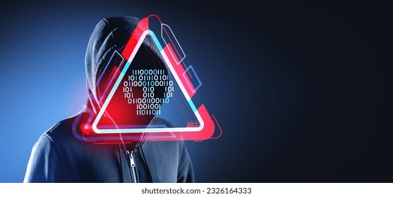 Hooded man hacker portrait with red glowing skull hud hologram from binary codes, alert triangle sign. Concept of cyberattack, crime and data protection - Powered by Shutterstock - Get 15% off with code: PIKWIZARD15