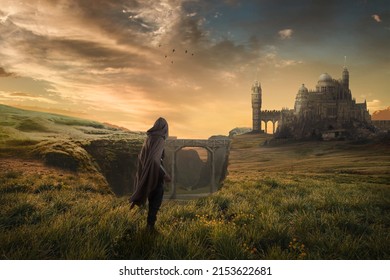 Hooded Man Looking At The Fantasy Landscape Castle