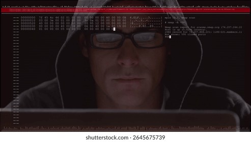 Hooded man scanning network data in dim room, with laptop hex dump overlay and measurement marks. Cybersecurity, technology, digital, programming, analysis, interface, hacker
