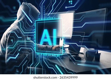 Hooded person at computer with digital AI interface overlay, futuristic cyber background, concept of cybercrime threats and artificial intelligence