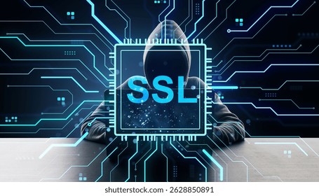 Hooded person in dark room with glowing SSL text and circuit lines, digital light background, concept of online security and encryption