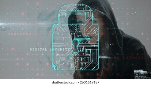 Hooded person focusing on cybersecurity, standing behind digital lock graphic. hacker, encryption, technology, protection, anonymous