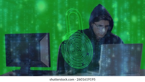 Hooded person using laptop with digital lock overlay, focusing on cybersecurity. hacker, encryption, technology, data protection, online security, internet security