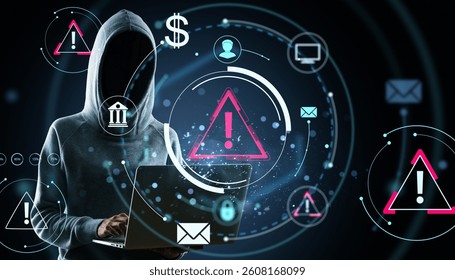 Hooded person using laptop with digital warning and tech icons, futuristic light effects on dark background, concept of cybersecurity threats