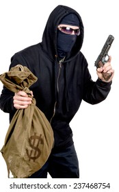 Hooded Robber With A Gun And A Bag Of Money